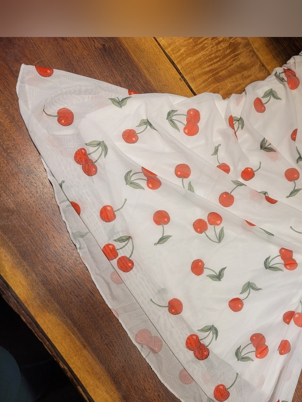 White Cherry Print Overlay Mini Dress Size Small - Picture 3 of 8